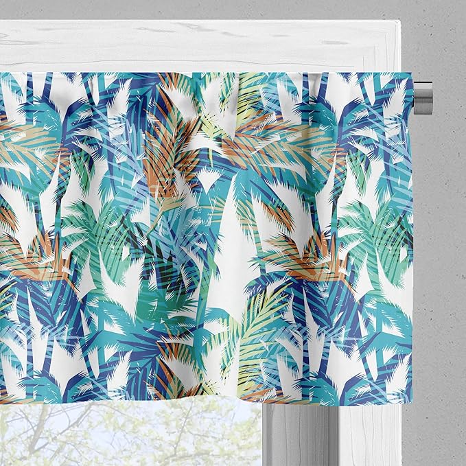 Ambesonne Palm Leaf Valance & Tier Curtain 3 pcs Set, Tropical Summer Print with Palm Abstract Nature Pattern Fantasy Dream, Window Treatments for Room Kitchen Decor, 55" x 24", Blue Mint Green Orange