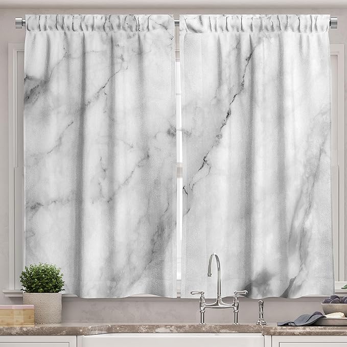 Ambesonne Marble Kitchen Curtains, Granite Surface Motif Sketch Nature Effect and Cracks Antique Style Image, Window Drapes 2 Panel Set for Kitchen Cafe Decor, 55" x 39", Dust White