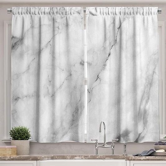 Ambesonne Marble Kitchen Curtains, Granite Surface Motif Sketch Nature Effect and Cracks Antique Style Image, Window Drapes 2 Panel Set for Kitchen Cafe Decor, 55" x 39", Dust White