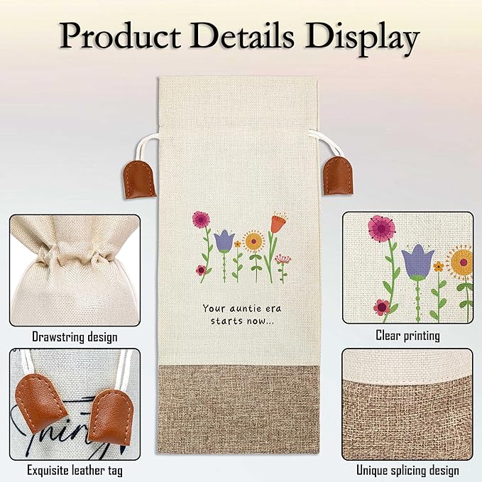 Funny Auntie Pregnancy Announcement Wine Bag, Wine Champagne Bottle Gift Bag, Cotton Linen Wine Gift Bag With Drawstring, Gift for Pregnancy Announcement, New Aunt Uncle for Baby Announcement-9