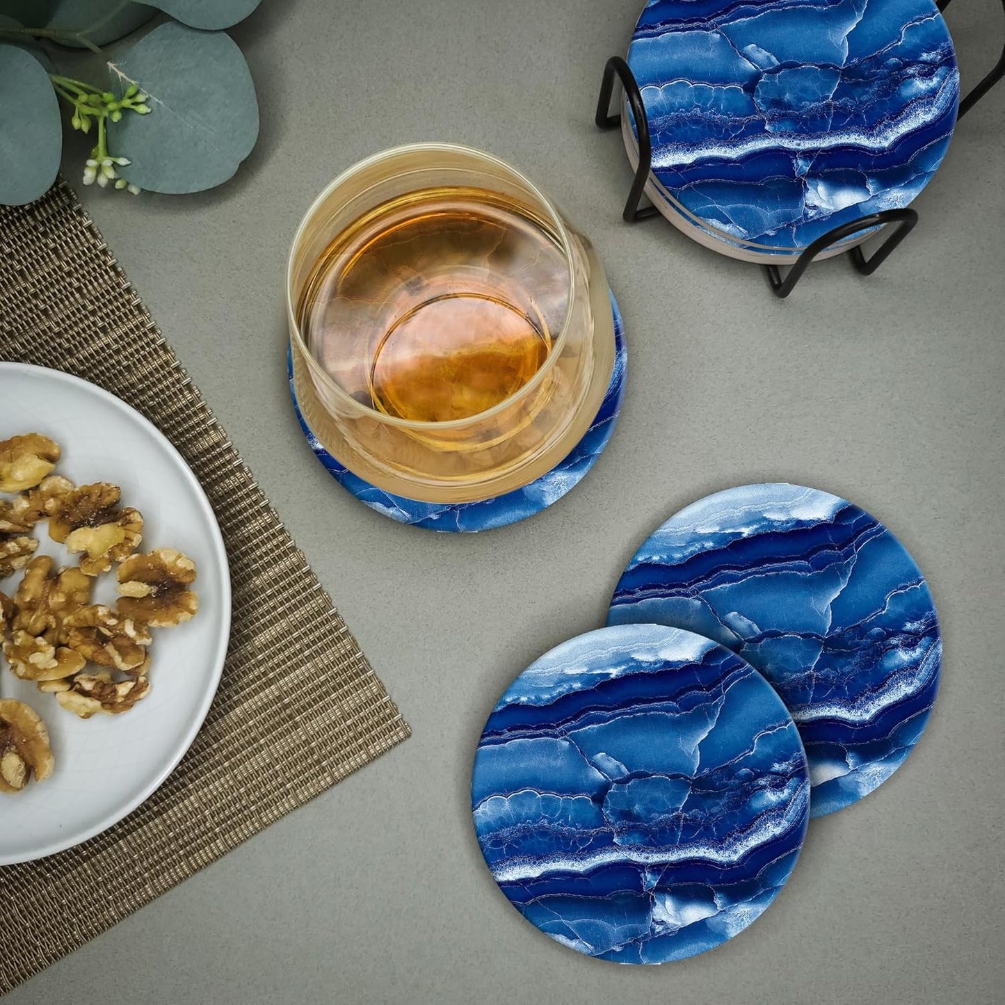 Emerson Coasters for Drinks Absorbent – Dining Table Set of 6 with Holder, 100% Ceramic Wooden Tabletop Protection Marble Style - Non Slip & Cork Bottom - Heavy Duty (Blue Onyx)