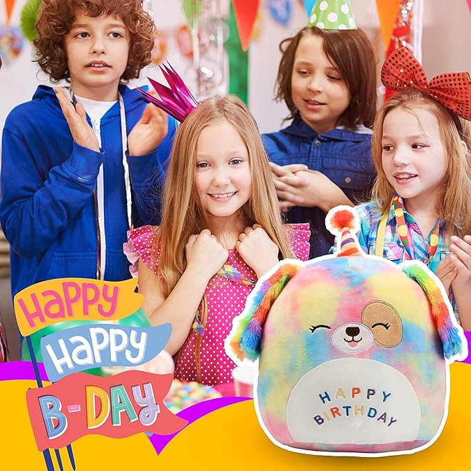 Easfan 12'' Original Rainbow Birthday Dog Plush Pillow Soft Puppy Plush Toy Cute Dog Stuffed Animal Birthday Gifts for Kids Toddlers