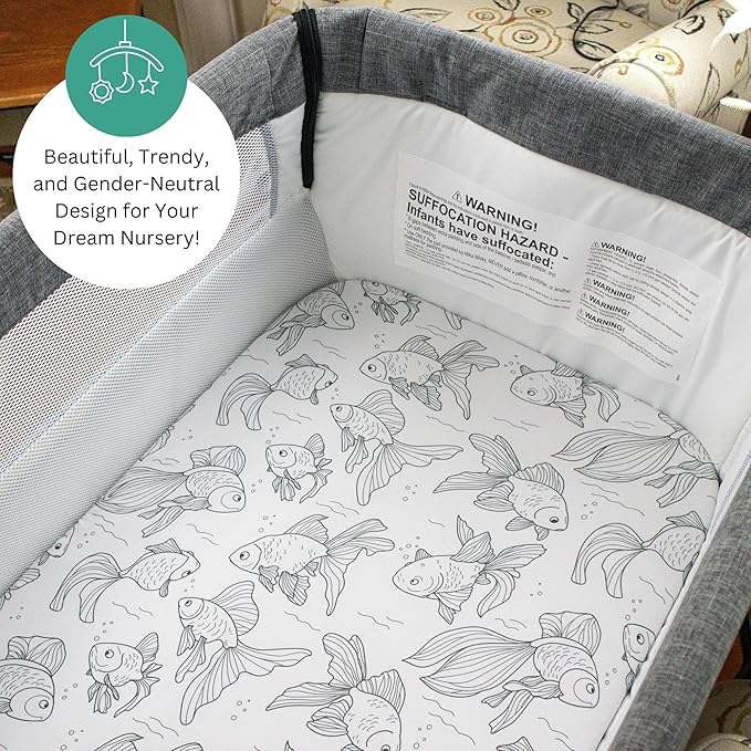 TansyPanda 33 x 20 Bassinet Sheets Compatible with Papablic, Maxi-COSI Iora, Baby Joy, and Many Other Bassinet Bedside Sleepers, 4PC, Ultra Soft, Breathable Snug Fit, Unisex Boys Girls (Ocean Fish)