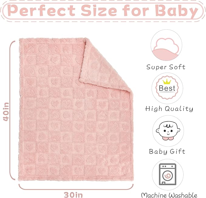 Fleece Baby Blanket Heart Checkered Blanket, Ultra Soft Cozy Baby Blankets for Girls Boys, Fluffy Infant Toddler Newborn Receiving Blankets for Crib Stroller 30”×40” (Light Pink)