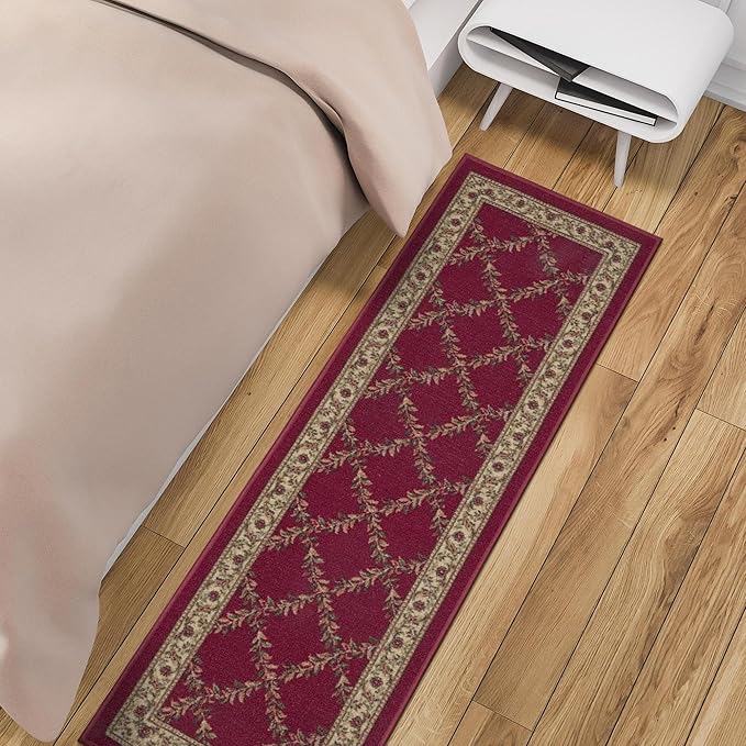 Ottomanson Machine Washable Trellis Design Non-Slip Rubberback 2x7 Modern Runner Rug for Hallway, Kitchen, Living Room, Bedroom, 1'10" x 7', Red Trellis
