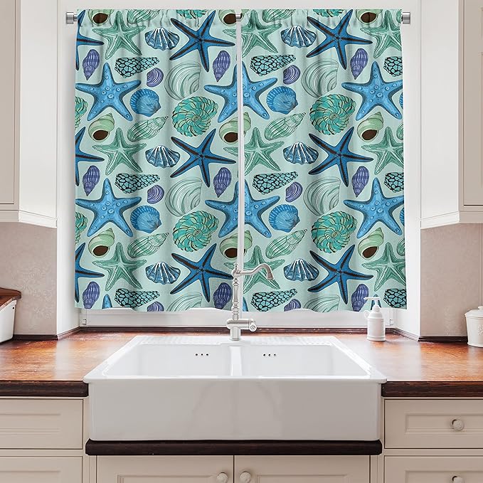 Ambesonne Starfish Long, Aquarium Inspired Composition Tropical Seashells and Scallops Cockles and Clams, Two Panels Drapes with Rod Pocket Room Decor, 55" x 45", Blue Seafoam