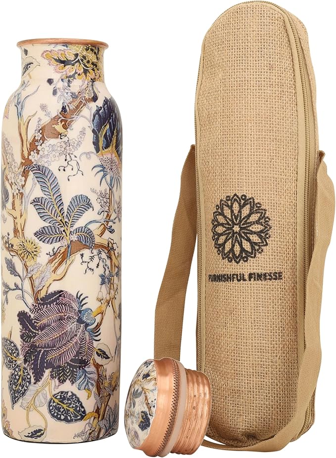 Copper Water Bottle 34 oz Pure Hammered Ayurvedic Pure Copper Vessel For Drinking Leak Proof Bottle With Carry Bag for Sport Fitness Yoga Sports Copper Bottles 1000 ML