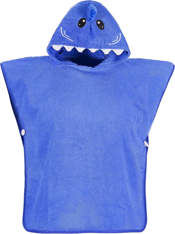 Premium Hooded Towel Poncho for Kids & Toddler - 100% Cotton (Blue Shark)