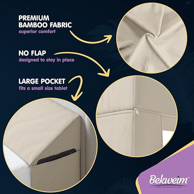 Wedge Pillow Headboard Bed Gap Filler Full - Headboard Pillow Full Size 54 X 10 X 6 - Long Pillow for Bed Wedge Gap Filler with Large Pocket for Bed Accessories - Mattress Gap Filler (Beige)