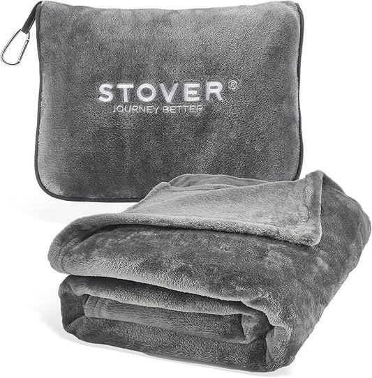 STOVER 2-in-1 Combo Airplane Travel Blanket & Pillow Bag- Lightweight, Compact, Packable, Warm Premium Fleece Set for Long Flights- w/Luggage Sleeve & Backpack Clip- for Men, Women & Families (Grey)