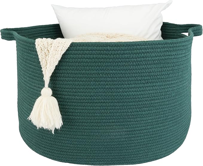 Large Cotton Rope Basket Blankets Basket Living Room 22"x14" Toy Basket for Kids Rope Storage Basket for Nursery Woven Laundry Basket for Clothes Towels Baby Toy Storage round dark green