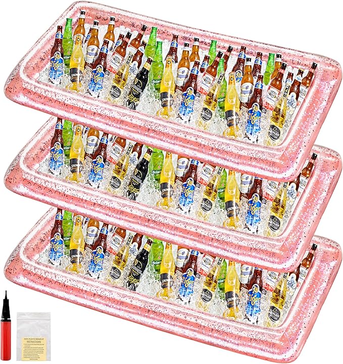 HBlife 3 PCS Inflatable Serving Bar, Inflatable Buffet Cooler for Outdoor Party, BBQ, Luau, Salad Ice Tray Food Drink Containers with Drain Plug and 1 Hand Air Pump,