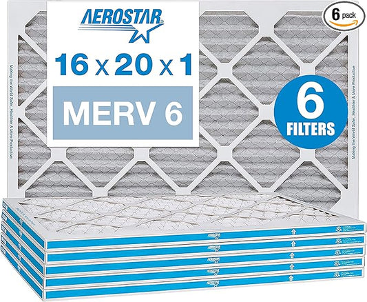 Aerostar 16x20x1 MERV 6 Pleated Air Filter, AC Furnace Air Filter, 6 Pack (Actual size 15 3/4"x 19 3/4" x 3/4")