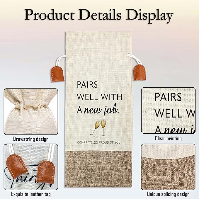 Woukaup New Job Gifts Wine Bag, New Job Wine Champagne Bag, Cotton Linen Wine Gift Bag With Drawstring, Goodbye Farewell Leaving Gifts, New Beginning Gifts for Going Away Colleagues Friend Coworker