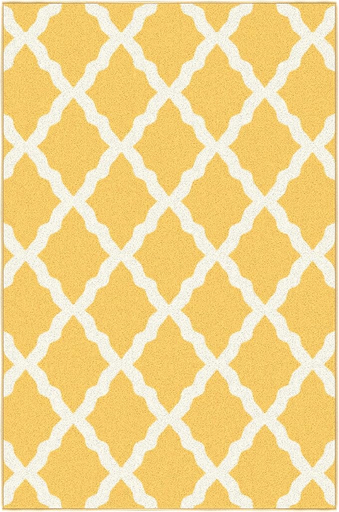 Machine Washable Moroccan Trellis Design Non-Slip Rubberback 3x5 Traditional Indoor Area Rug for Living Room, Bedroom, Kitchen, 3'3" x 5', Yellow