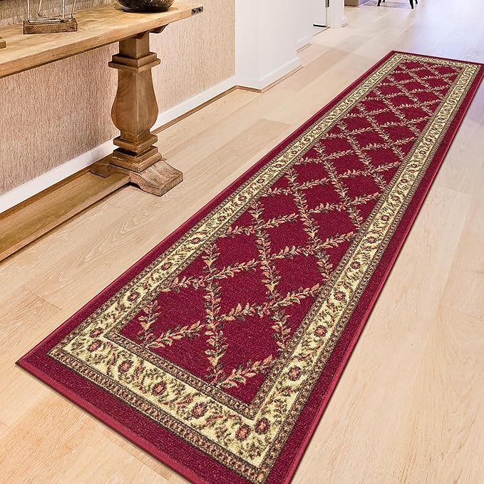 Ottomanson Machine Washable Trellis Design Non-Slip Rubberback 2x7 Modern Runner Rug for Hallway, Kitchen, Living Room, Bedroom, 1'10" x 7', Red Trellis