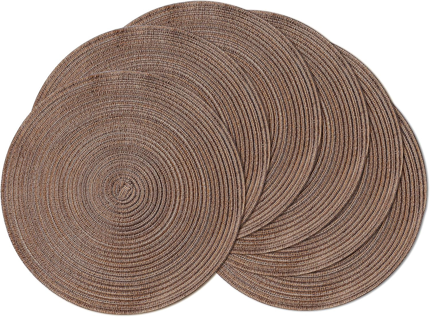 Leetaltree Round Placemats Heat and Slip Resistant Cotton Table Mats, Washable Bohemian Placemats for Dining Tables (Brown, Set of 6)