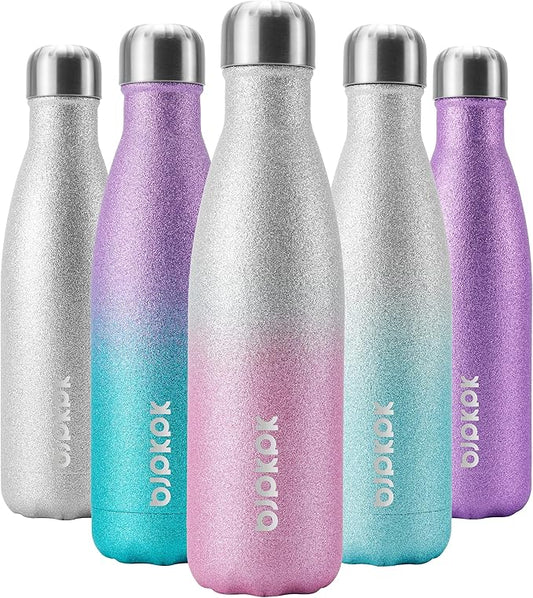 BJPKPK Insulated Water Bottles -17oz/500ml -Stainless Steel Water Bottles,Sports Water Bottles Keep Cold for 24 Hours and Hot for 12 Hours,BPA Free Water Bottle,Glitter Silver Pink