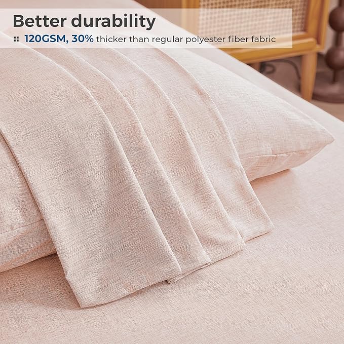 King Sheets Light Pink, Ultral Soft Cationic Linen Look Sheets, Luxury Cooling Cozy Bed Sheet Set with Non-Slip Fitted Sheet
