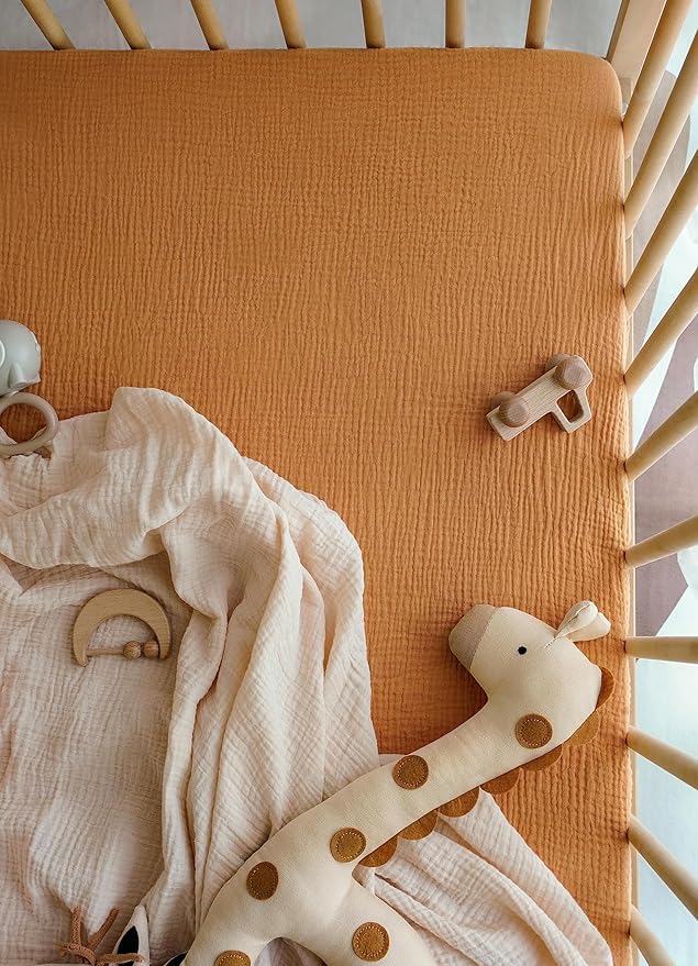 Blissful Diary Muslin Crib Sheets for Girl Boy, Boho Neutral Soft Cotton Baby Sheet for 52''x28'' Standard Crib Mattress, 2 Pack(Retro Yellow&Beige)