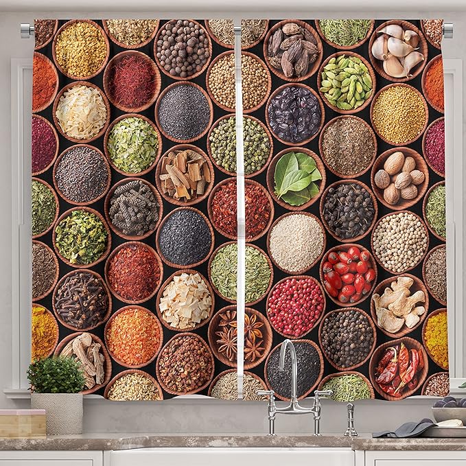 Ambesonne Retro Kitchen Curtains, Colorful Herbs and Spices Cardamom Pepper Chili Ginger Dill Natural Cuisine Print, Window Drapes 2 Panel Set for Kitchen Cafe Decor, 55" x 39", Brown Yellow