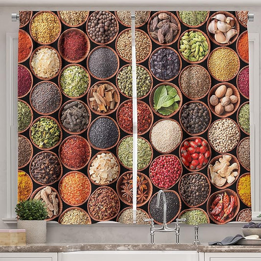 Ambesonne Retro Kitchen Curtains, Colorful Herbs and Spices Cardamom Pepper Chili Ginger Dill Natural Cuisine Print, Window Drapes 2 Panel Set for Kitchen Cafe Decor, 55" x 39", Brown Yellow