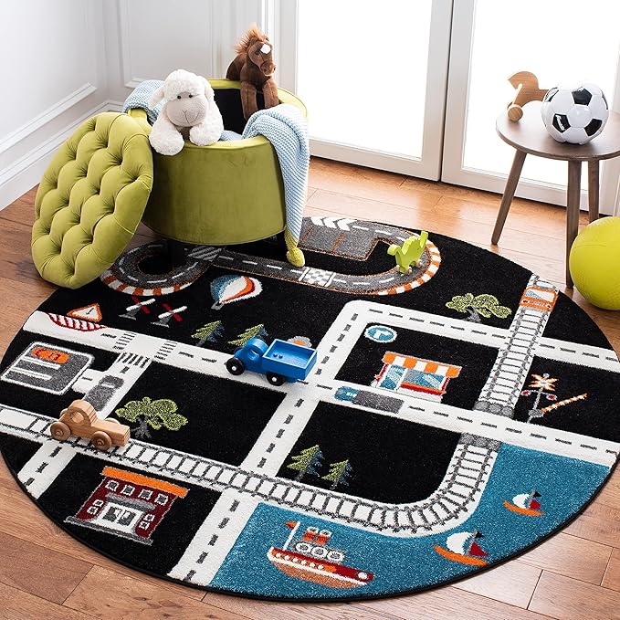 SAFAVIEH Carousel Kids Collection 4' Round Black/Ivory CRK192Z Neighborhood Road Non-Shedding Playroom Nursery Bedroom Area Rug