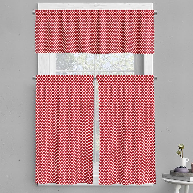 Ambesonne Retro Valance & Tier Curtain 3 pcs Set, 50s 60s Iconic Pop Art Style Big White Polka Dots Picnic Vintage Old Theme Image, Window Treatments for Kitchen Room Decor, 55" x 24", Vermilion White