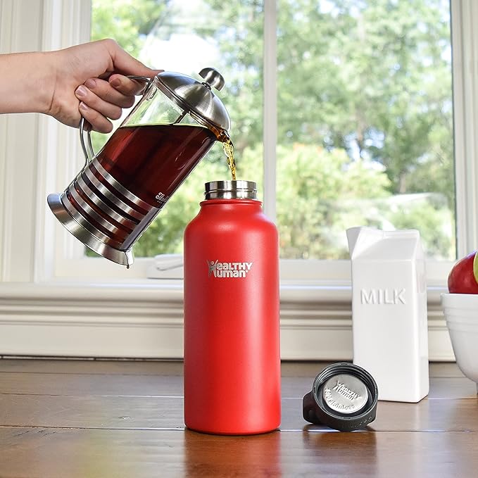 Healthy Human Stainless Steel Water Bottle | Double Walled Vacuum Insulated Water Thermos for Adults | Eco-Friendly Travel Bottles with Leak Proof Lid (Red Hot, 32 oz/ 946 ML)
