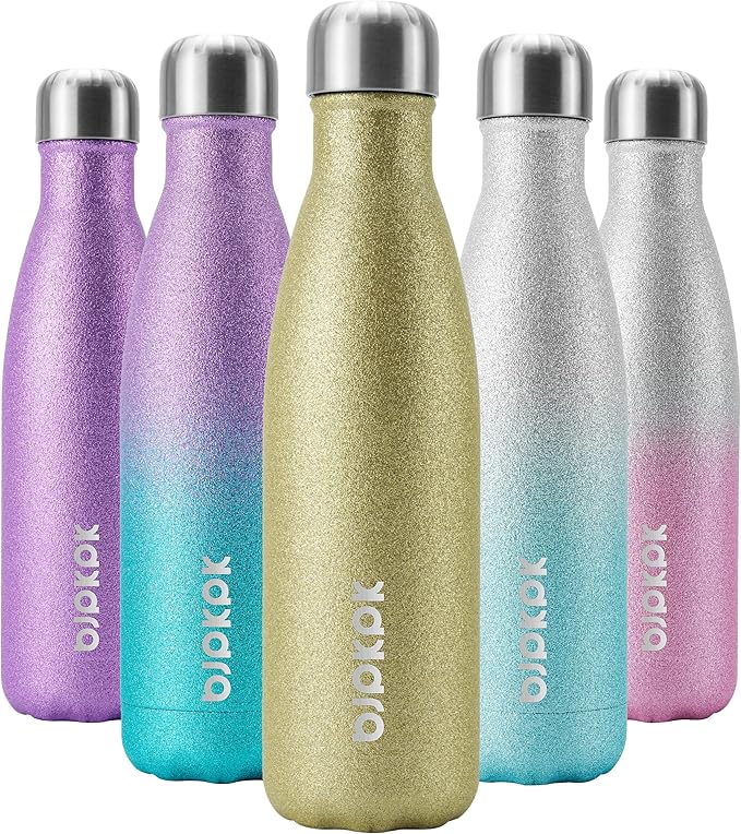 BJPKPK Insulated Water Bottles -17oz/500ml -Stainless Steel Water Bottles,Sports Water Bottles Keep Cold for 24 Hours and Hot for 12 Hours,BPA Free Water Bottle,Glitter Gold