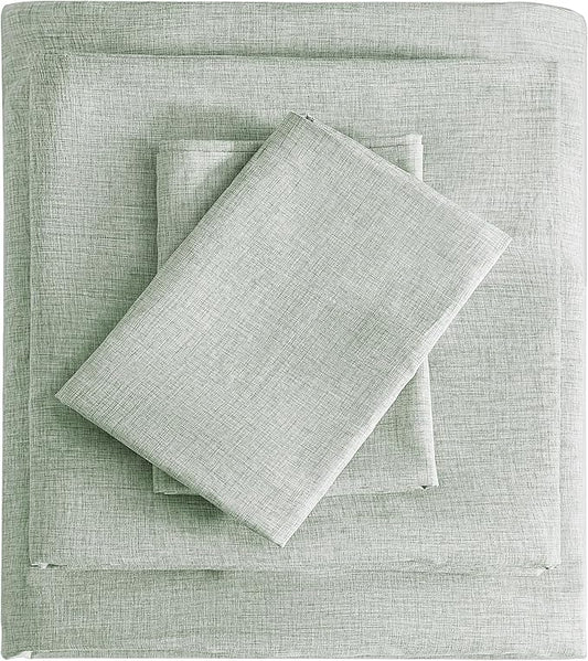 Full Sheets Sage Green, Ultral Soft Cationic Linen Look Sheets, Luxury Cooling Cozy Bed Sheet Set with Non-Slip Fitted Sheet