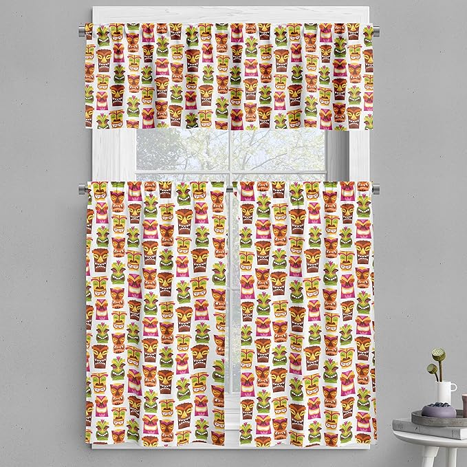 Ambesonne Tiki Bar Valance & Tier Curtain 3 pcs Set, Sixties Retro Inspired Hawaiian Party Happy Tiki Pattern Colorful, Window Treatments for Kitchen Room Decor, 55" x 30", White Brown