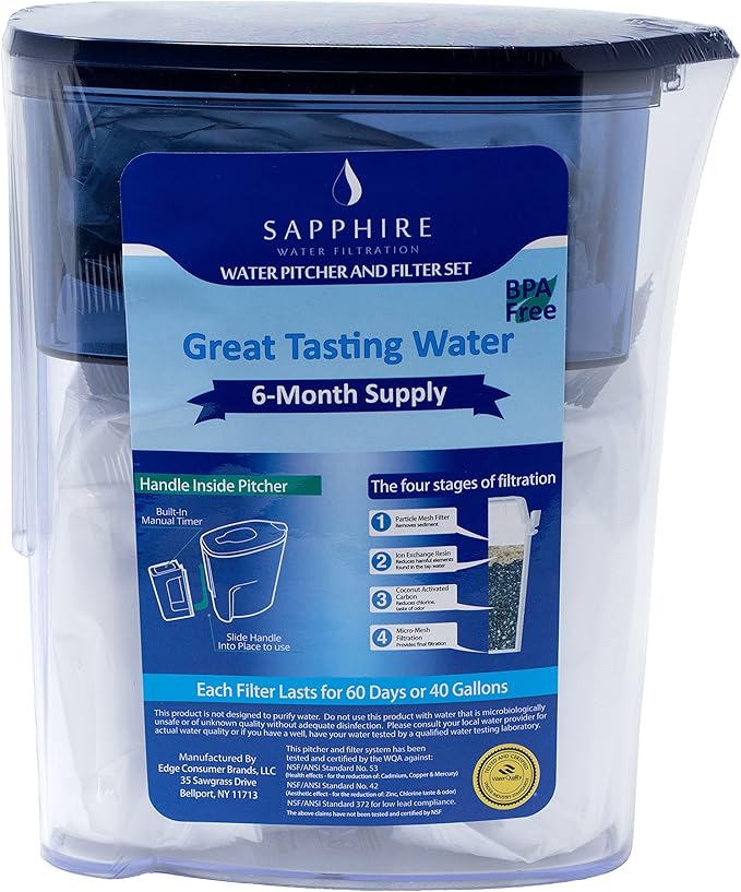 Sapphire Water Pitcher with 3 Filters, Clear/Blue