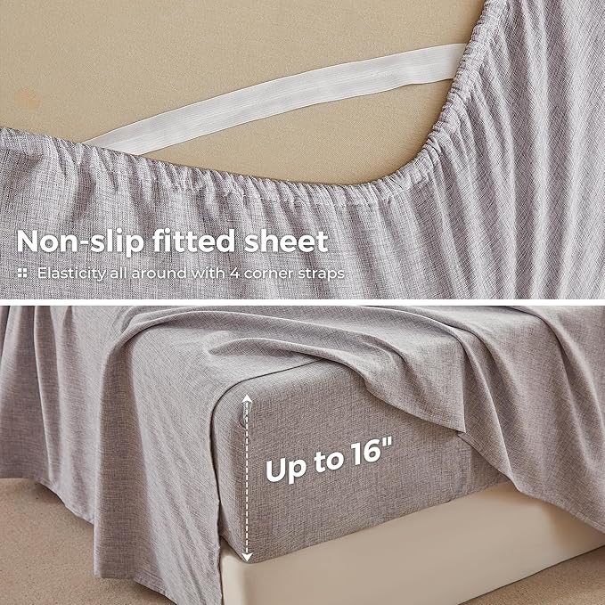 Queen Sheets Dark Grey, Ultral Soft Cationic Linen Look Sheets, Luxury Cooling Cozy Bed Sheet Set with Non-Slip Fitted Sheet