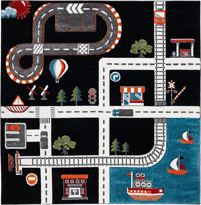 SAFAVIEH Carousel Kids Collection 4' Square Black/Ivory CRK192Z Neighborhood Road Non-Shedding Playroom Nursery Bedroom Area Rug