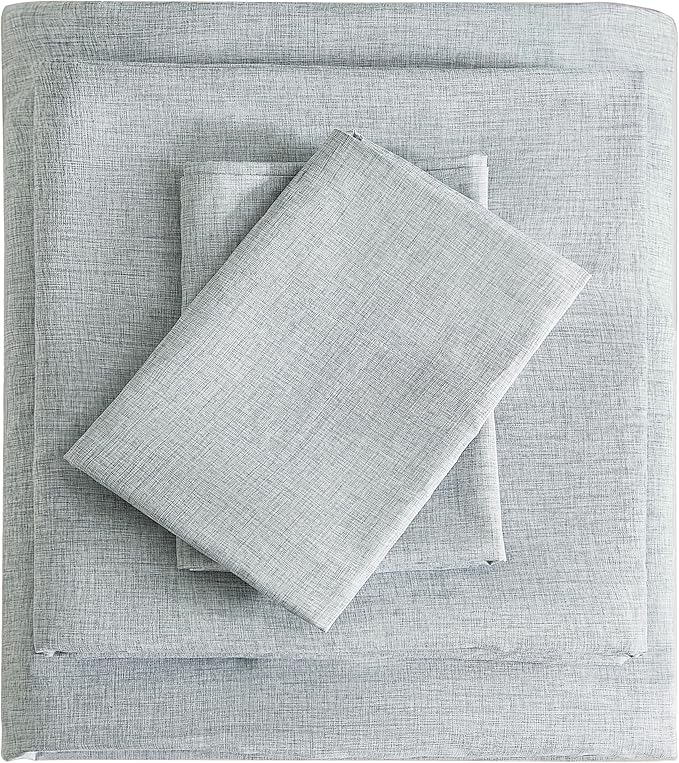 Queen Sheets Blue, Ultral Soft Cationic Linen Look Sheets, Luxury Cooling Cozy Bed Sheet Set with Non-Slip Fitted Sheet