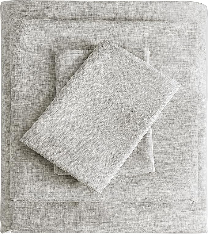 Full Sheets Light Grey, Ultral Soft Cationic Linen Look Sheets, Luxury Cooling Cozy Bed Sheet Set with Non-Slip Fitted Sheet