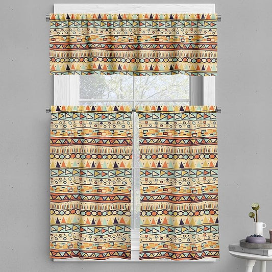 Ambesonne Prehistoric Valance & Tier Curtain 3 pcs Set, Mexican Style Doodles with Triangles Circles Folkloric Geometric Tribal, Window Treatments for Kitchen Room Decor, 55" x 45", Pastel Yellow