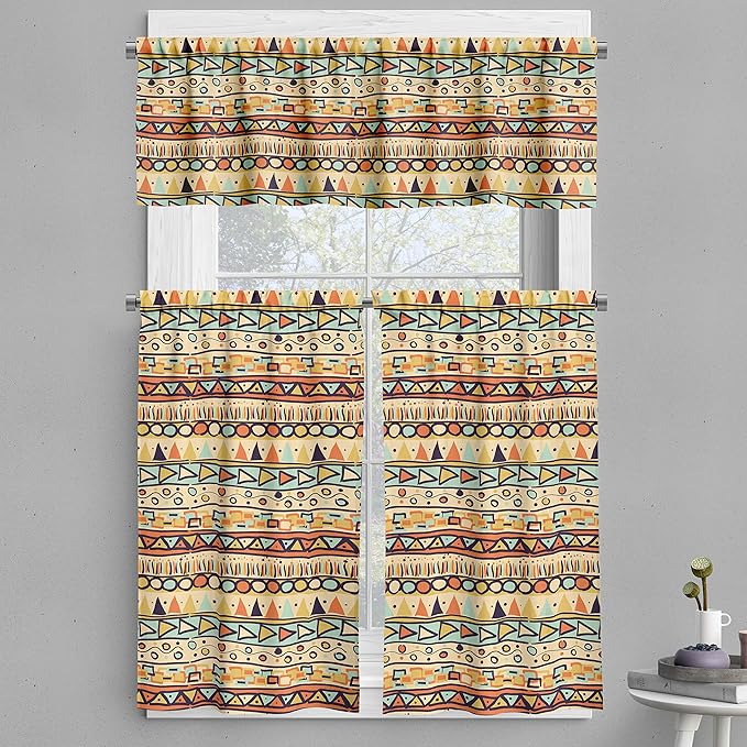 Ambesonne Prehistoric Valance & Tier Curtain 3 pcs Set, Mexican Style Doodles with Triangles Circles Folkloric Geometric Tribal, Window Treatments for Kitchen Room Decor, 55" x 24", Pastel Yellow