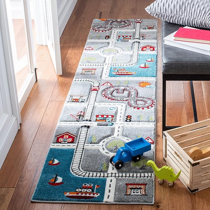 SAFAVIEH Carousel Kids Collection Runner Rug - 2'3" x 10', Grey & Ivory, Non-Shedding & Easy Care, Ideal for High Traffic Areas for Boys & Girls in Playroom, Nursery, Bedroom (CRK192F)
