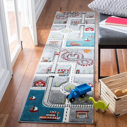 SAFAVIEH Carousel Kids Collection Runner Rug - 2'3" x 10', Grey & Ivory, Non-Shedding & Easy Care, Ideal for High Traffic Areas for Boys & Girls in Playroom, Nursery, Bedroom (CRK192F)