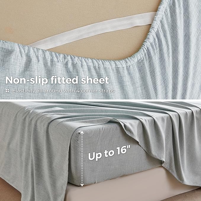Twin Sheets Blue, Ultral Soft Cationic Linen Look Sheets, Luxury Cooling Cozy Bed Sheet Set with Non-Slip Fitted Sheet
