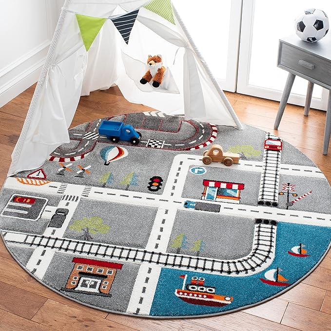 SAFAVIEH Carousel Kids Collection 5'3" Round Grey/Ivory CRK192F Neighborhood Non-Shedding Playroom Nursery Bedroom Area Rug