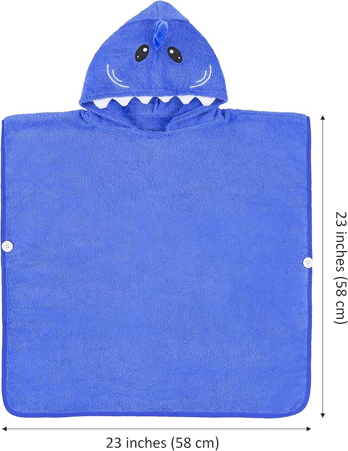 Premium Hooded Towel Poncho for Kids & Toddler - 100% Cotton (Blue Shark)
