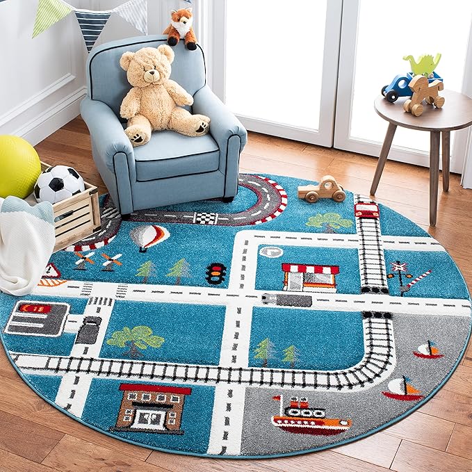 SAFAVIEH Carousel Kids Collection 3' Round Turquoise/Ivory CRK192K Neighborhood Road Non-Shedding Playroom Nursery Bedroom Area Rug