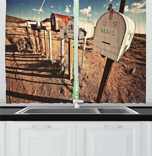 Ambesonne United States Kitchen Curtains, Old Mailboxes in West America Rural Rusty Landscape Grunge Countryside, Window Drapes 2 Panel Set for Kitchen Cafe Decor, 55" x 30", Brown Blue