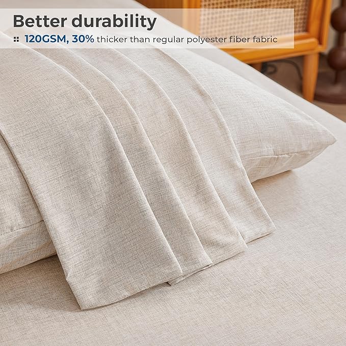 Twin Sheets Brown, Ultral Soft Cationic Linen Look Sheets, Luxury Cooling Cozy Bed Sheet Set with Non-Slip Fitted Sheet