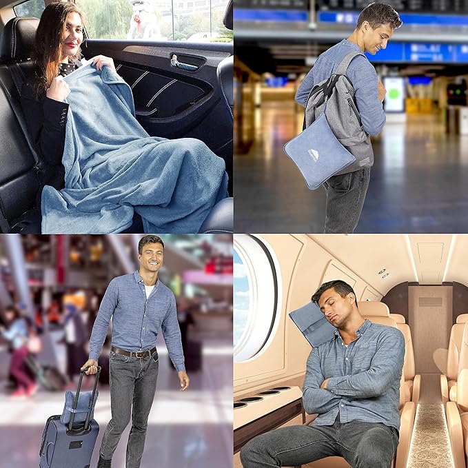 BlueHills Premium Soft Long Travel Blanket Pillow for Tall Airplane Flight Essentials Large Compact 2 in 1 Airline Blanket Throw Packable Warm Plane Traveling Accessories Grayish Blue T056