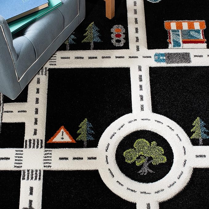 SAFAVIEH Carousel Kids Collection Area Rug - 8' x 10', Black & Ivory, Neighborhood Design, Non-Shedding & Easy Care, Ideal for High Traffic Areas for Boys & Girls in Playroom, Bedroom (CRK192Z)
