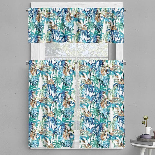 Ambesonne Palm Leaf Valance & Tier Curtain 3 pcs Set, Tropical Summer Print with Palm Abstract Nature Pattern Fantasy Dream, Window Treatments for Kitchen Room Decor, 55" x 30", Blue Mint Green Orange